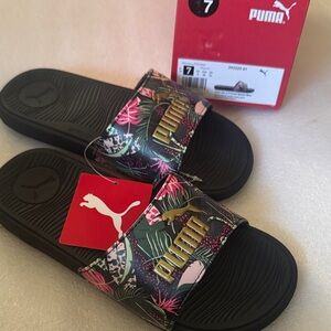 Puma Black and Gold Tropical Slide Sandals